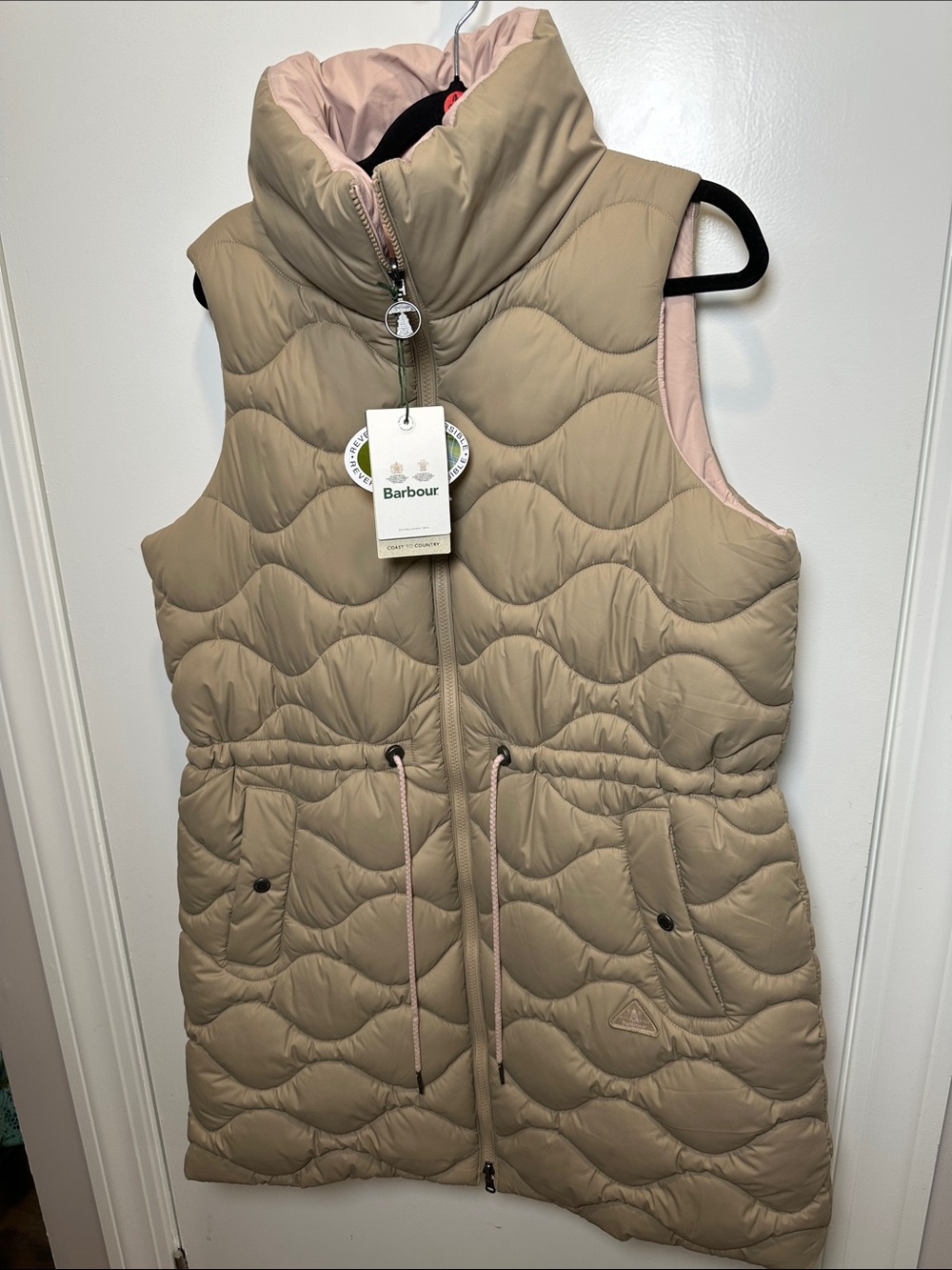 Barbour Beige Quilted Sleeveless Puffer Vest with Light Pink Lining (11)
